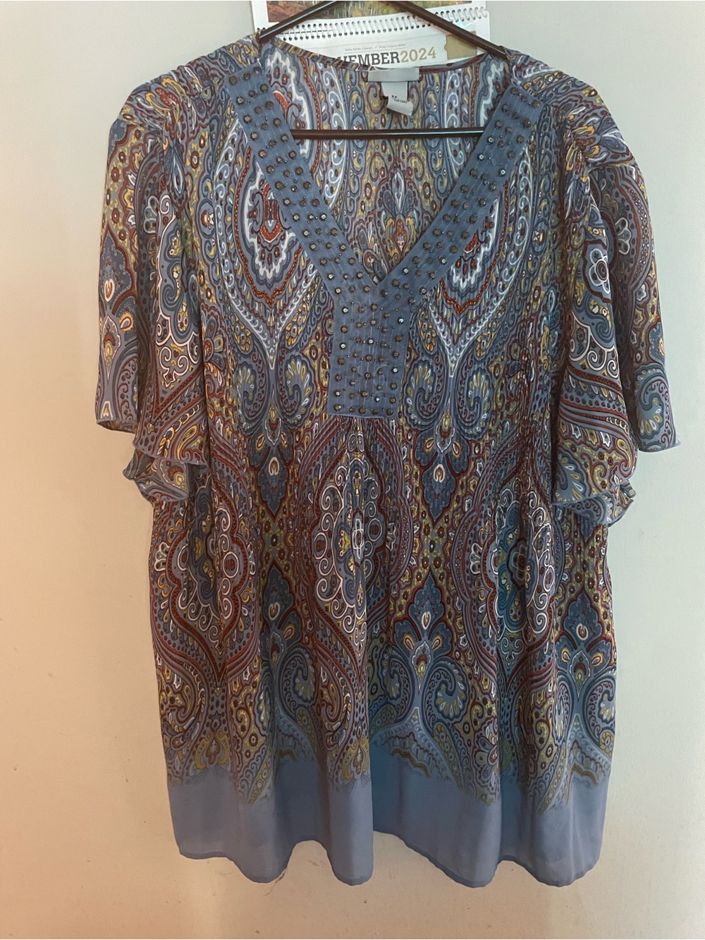 Blue Paisley Studded V-Neck Womenβs Top